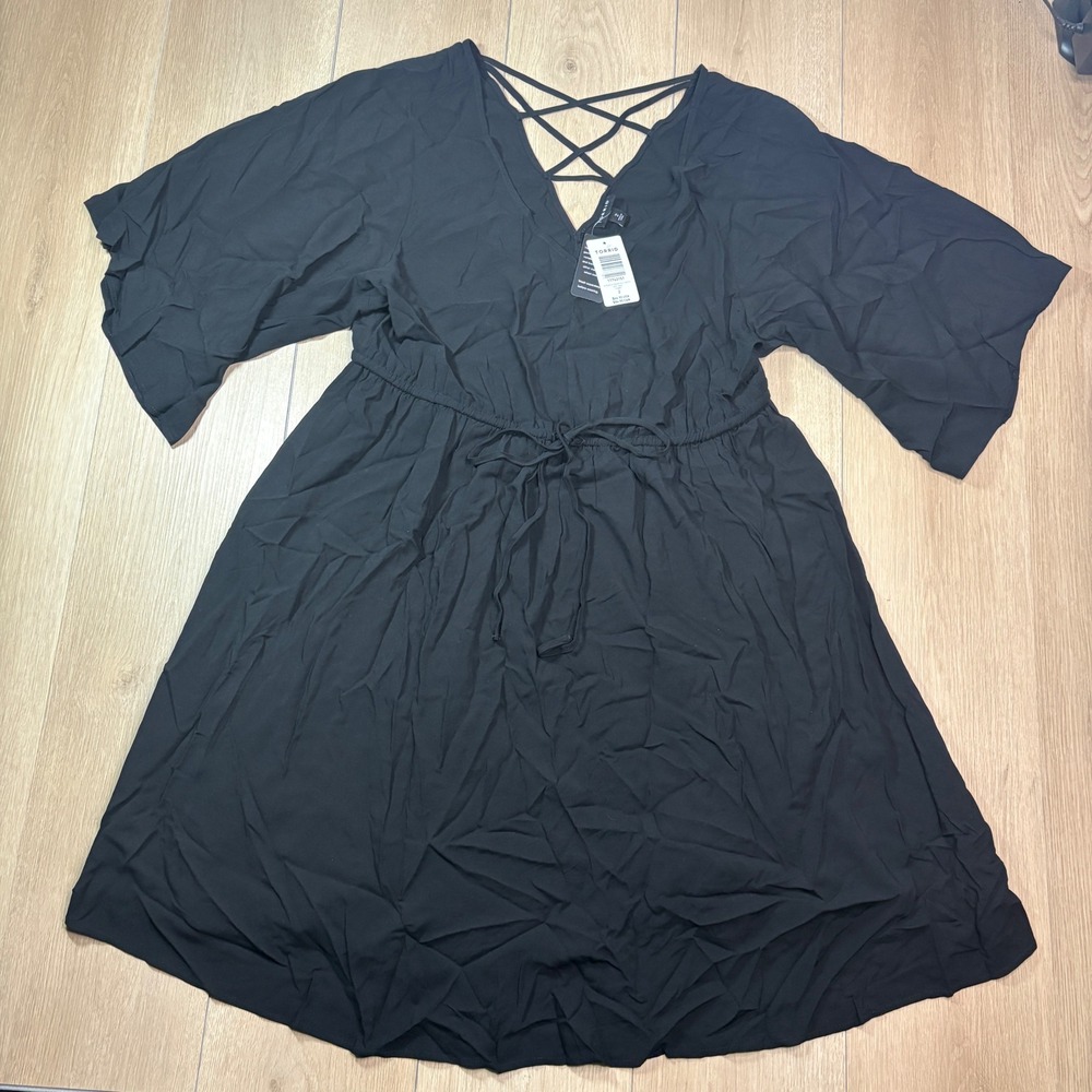 Torrid Black Kimono Sleeve Chills Skater Dress Lattice V-Neck Plus Size 2 NWT